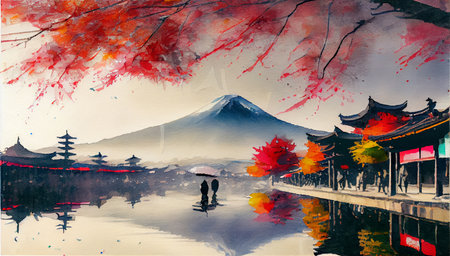 Japanese landscape. Sakura, fuki mountain, templeの写真素材