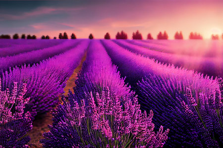 Lavender field sunset and linesの写真素材