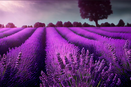 Lavender field sunset and linesの写真素材