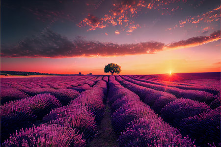 Lavender field sunset and linesの写真素材