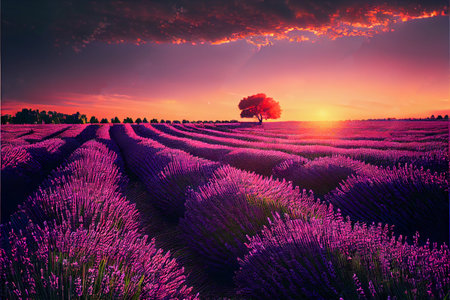Lavender field sunset and linesの写真素材