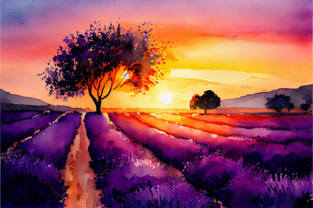 Lavender field sunset and linesの写真素材