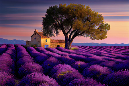 Lavender field sunset and linesの写真素材