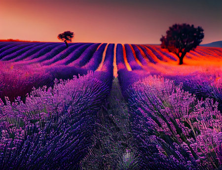 Lavender field sunset and linesの写真素材