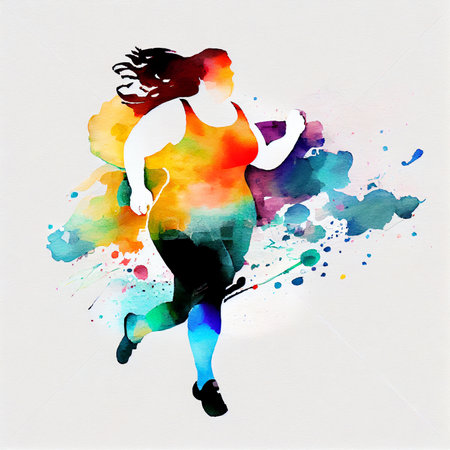 Beafutiful afroamerican body positive young woman running. Run and fitness, healthy lifestyleの写真素材