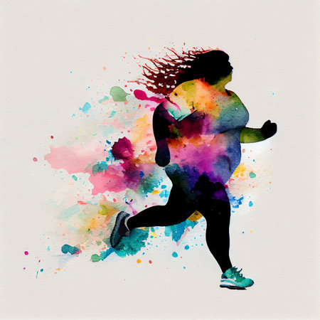 Beafutiful afroamerican body positive young woman running. Run and fitness, healthy lifestyleの写真素材