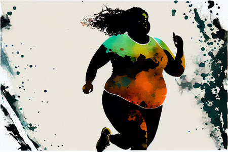 Beafutiful afroamerican body positive young woman running. Run and fitness, healthy lifestyleの写真素材