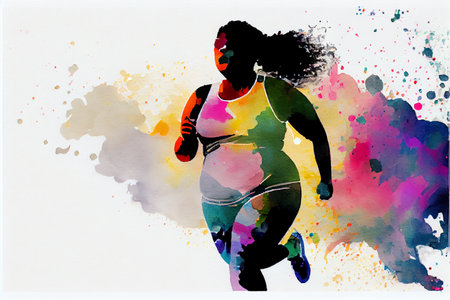 Beafutiful afroamerican body positive young woman running. Run and fitness, healthy lifestyleの写真素材