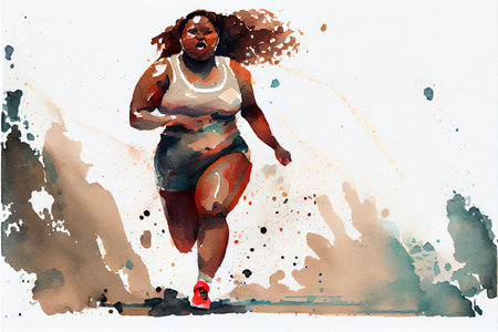 Beafutiful afroamerican body positive young woman running. Run and fitness, healthy lifestyleの写真素材