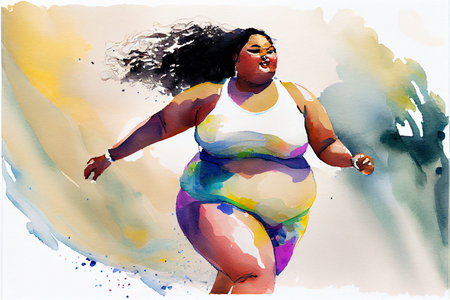 Beafutiful afroamerican body positive young woman running. Run and fitness, healthy lifestyleの写真素材