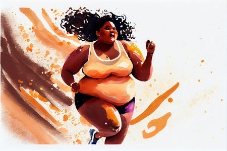 Beafutiful afroamerican body positive young woman running. Run and fitness, healthy lifestyleの写真素材