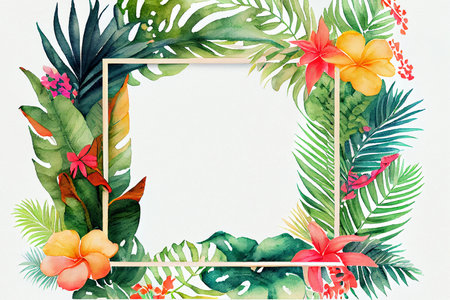 Tropical frames with leaves, flowers for party invitations, sale posters and wedding cards. Collection of templates.の写真素材