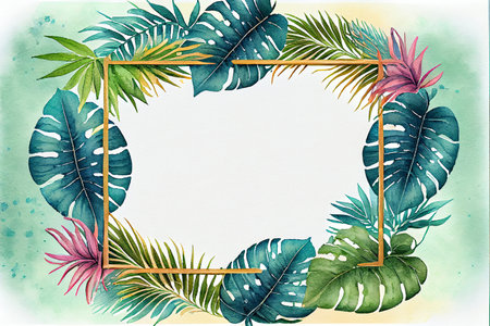 Tropical frames with leaves, flowers for party invitations, sale posters and wedding cards. Collection of templates.の写真素材