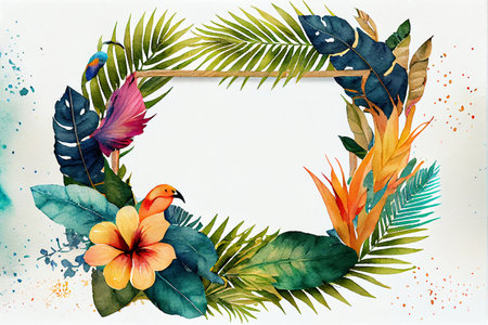 Tropical frames with leaves, flowers for party invitations, sale posters and wedding cards. Collection of templates.の写真素材
