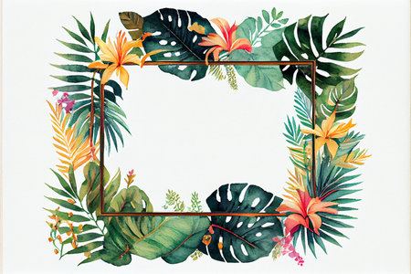 Tropical frames with leaves, flowers for party invitations, sale posters and wedding cards. Collection of templates.の写真素材