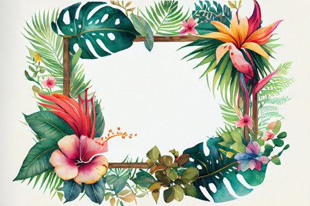 Tropical frames with leaves, flowers for party invitations, sale posters and wedding cards. Collection of templates.の写真素材