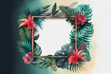 Tropical frames with leaves, flowers for party invitations, sale posters and wedding cards. Collection of templates.の写真素材
