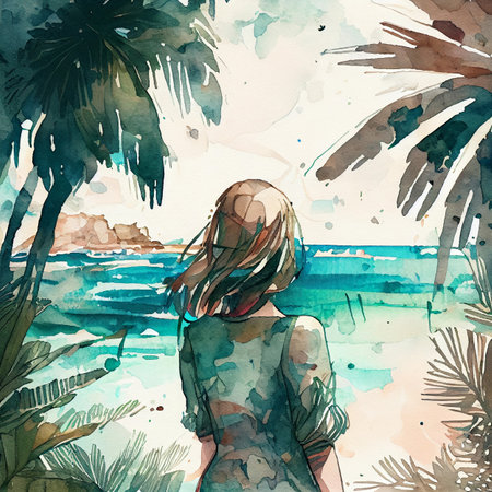 Japan anime style A beautiful tanned girl with naturalhair stands in the jungle among exotic plantsの写真素材