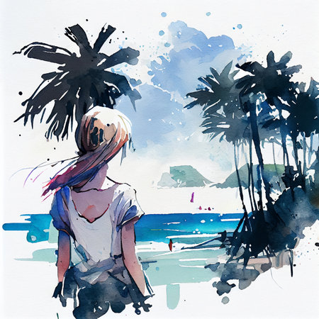 Japan anime style A beautiful tanned girl with naturalhair stands in the jungle among exotic plantsの写真素材
