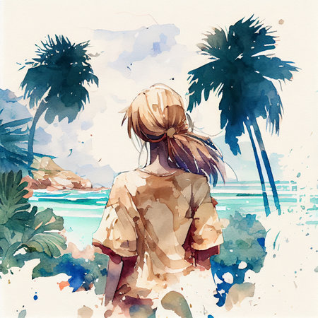 Japan anime style A beautiful tanned girl with naturalhair stands in the jungle among exotic plantsの写真素材