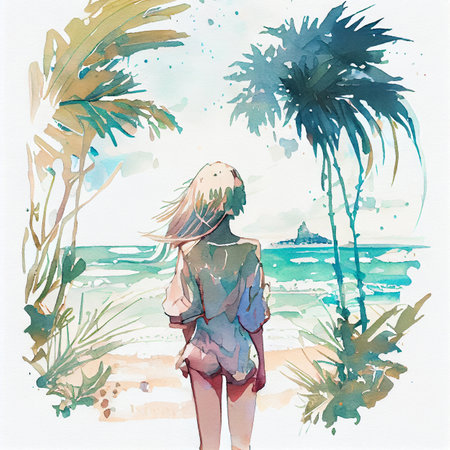 Japan anime style A beautiful tanned girl with naturalhair stands in the jungle among exotic plantsの写真素材