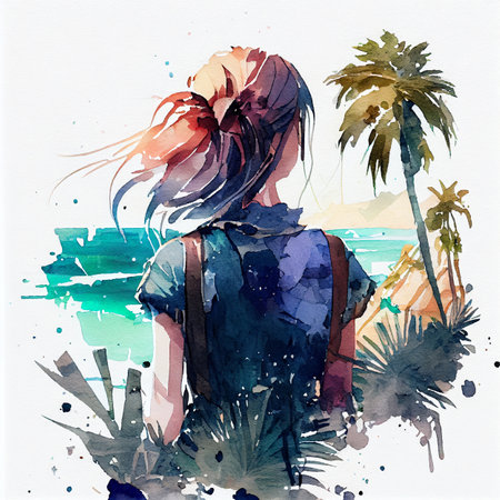 Japan anime style A beautiful tanned girl with naturalhair stands in the jungle among exotic plantsの写真素材