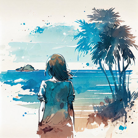 Japan anime style A beautiful tanned girl with naturalhair stands in the jungle among exotic plantsの写真素材