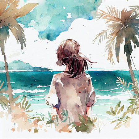 Japan anime style A beautiful tanned girl with naturalhair stands in the jungle among exotic plantsの写真素材