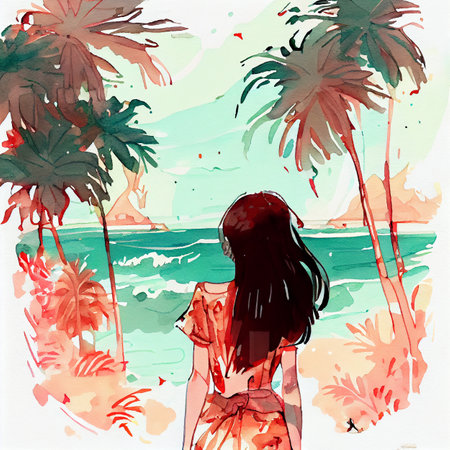 Japan anime style A beautiful tanned girl with naturalhair stands in the jungle among exotic plantsの写真素材