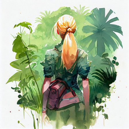 Japan anime style A beautiful tanned girl with naturalhair stands in the jungle among exotic plantsの写真素材