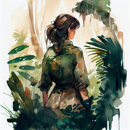 Japan anime style A beautiful tanned girl with naturalhair stands in the jungle among exotic plantsの写真素材