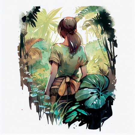 Japan anime style A beautiful tanned girl with naturalhair stands in the jungle among exotic plantsの写真素材