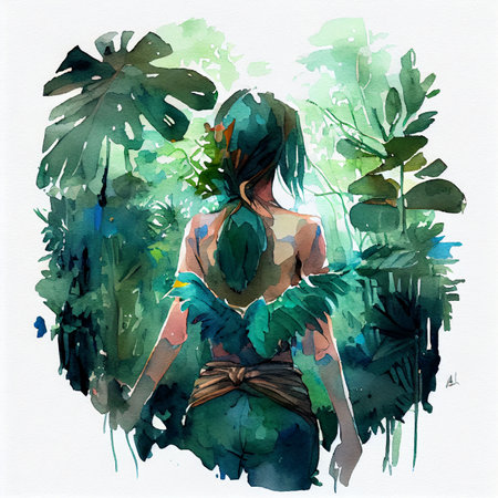 Japan anime style A beautiful tanned girl with naturalhair stands in the jungle among exotic plantsの写真素材