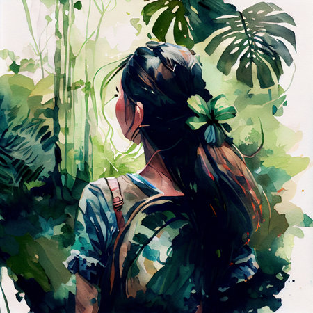 Japan anime style A beautiful tanned girl with naturalhair stands in the jungle among exotic plantsの写真素材