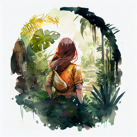 Japan anime style A beautiful tanned girl with naturalhair stands in the jungle among exotic plantsの写真素材