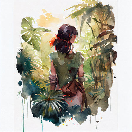 Japan anime style A beautiful tanned girl with naturalhair stands in the jungle among exotic plantsの写真素材