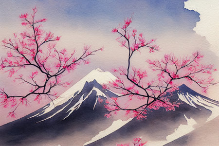 Japanese sakira. Full cherry blossom, with Fuji mountain background, Japanの写真素材