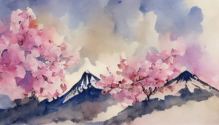 Japanese sakira. Full cherry blossom, with Fuji mountain background, Japanの写真素材