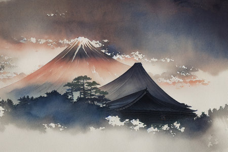 Japanese sakira. Full cherry blossom, with Fuji mountain background, Japanの写真素材