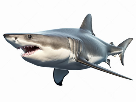 A predator great white shark swimming in the ocean coral reef shallows just below the water line closing in on its victim . 3d rendering with god raysの写真素材