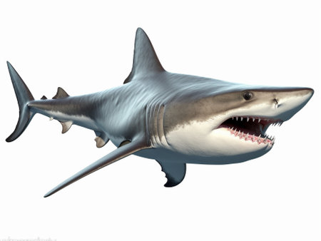A predator great white shark swimming in the ocean coral reef shallows just below the water line closing in on its victim . 3d rendering with god raysの写真素材