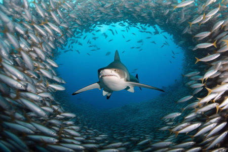 A predator great white shark swimming in the ocean coral reef shallows just below the water line closing in on its victim . 3d rendering with god raysの写真素材