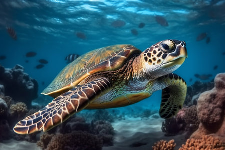 photo of Sea turtle in the Galapagos island. Tropical beach background underwater animalの写真素材