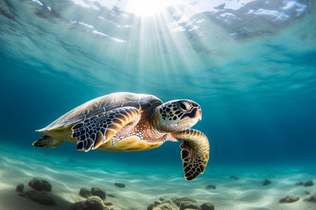 photo of Sea turtle in the Galapagos island. Tropical beach background underwater animalの写真素材