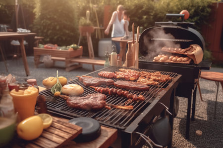 A man with a barbecue plate at a party between friends. Food, people and family time concept.の写真素材