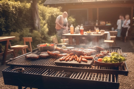 A man with a barbecue plate at a party between friends. Food, people and family time concept.の写真素材