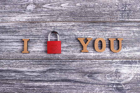 I love you, wooden with red heart lettering, gray wooden background, postcard Happy Valentine day, flat layの写真素材