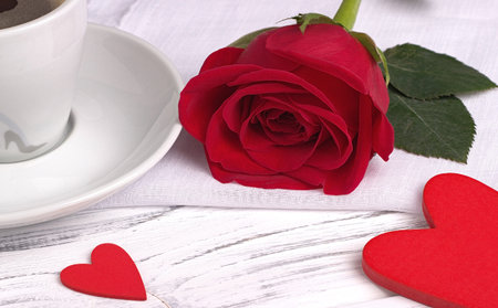 Red rose and heart shape on white wood background, valentine's day concept, love symbol. Weddingの写真素材