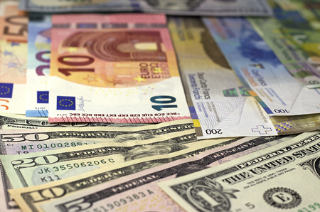 Money background american dollars, euro and swiss francの写真素材