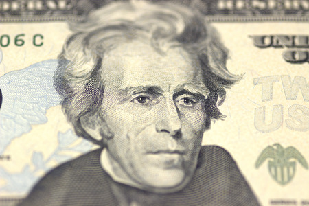 Andrew Jackson face on US twenty or 20 dollars bill macro, united states money closeupの写真素材